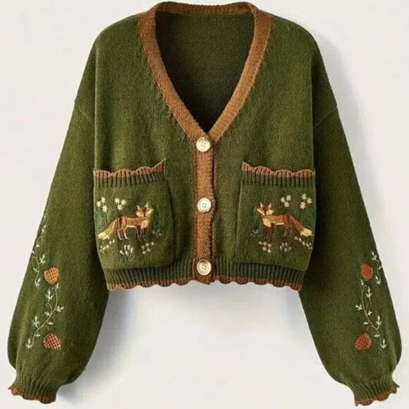 Sweaters - Button Up Fox Nature Army Green Cardigan With Pockets
